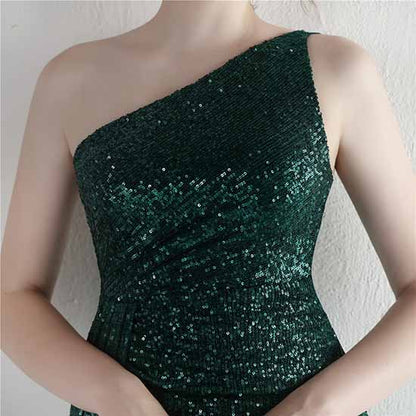 Women's Shinny Sequin Long Evening Dress One Shoulder Prom Gown
