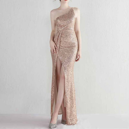 Women's Shinny Sequin Long Evening Dress One Shoulder Prom Gown