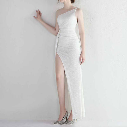 Women's Shinny Sequin Long Evening Dress One Shoulder Prom Gown
