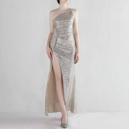 Women's Shinny Sequin Long Evening Dress One Shoulder Prom Gown