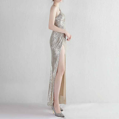 Women's Shinny Sequin Long Evening Dress One Shoulder Prom Gown