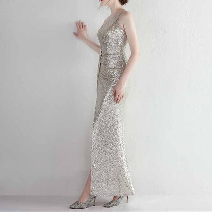 Women's Shinny Sequin Long Evening Dress One Shoulder Prom Gown