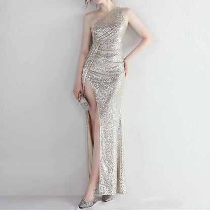 Women's Shinny Sequin Long Evening Dress One Shoulder Prom Gown