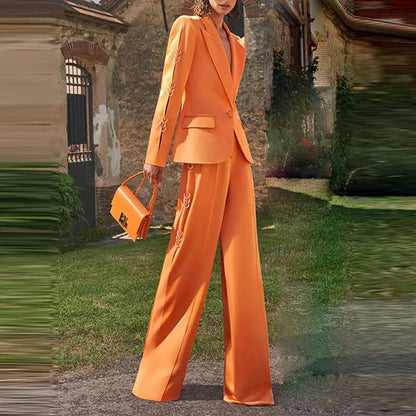 Women's Orange Pantsuit Single Button Flared Pants Suit Jacket + Trousers