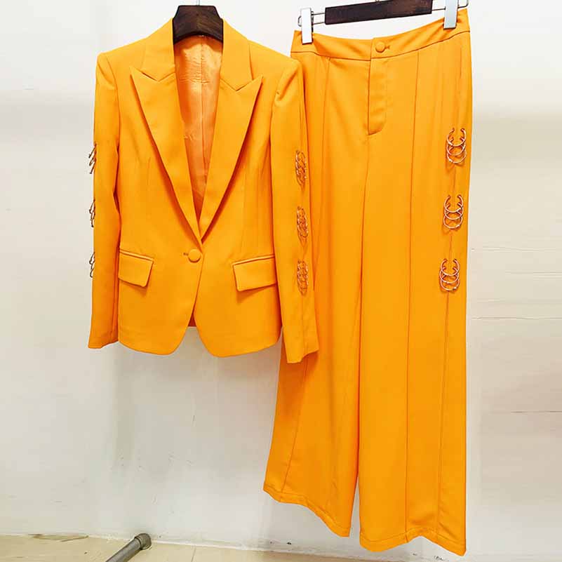 Women's Orange Pantsuit Single Button Flared Pants Suit Jacket + Trousers
