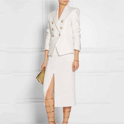 Women white wedding blazer long sleeve doule breasted V-neck jacket