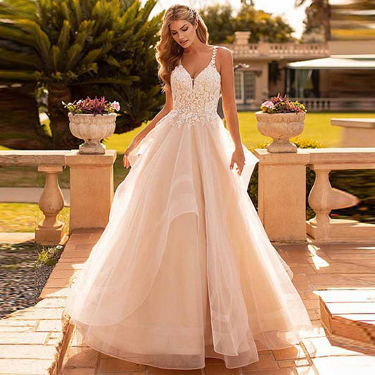 A-Line/Princess V-neck Applique Sleeveless Tulle Sweep/Brush Train Wedding Dresses