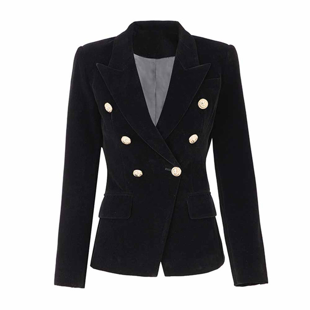 Women Velvet Black Double Breasted Blazer Gold Buttons Jacket SD Dresscode & Fashiontrends