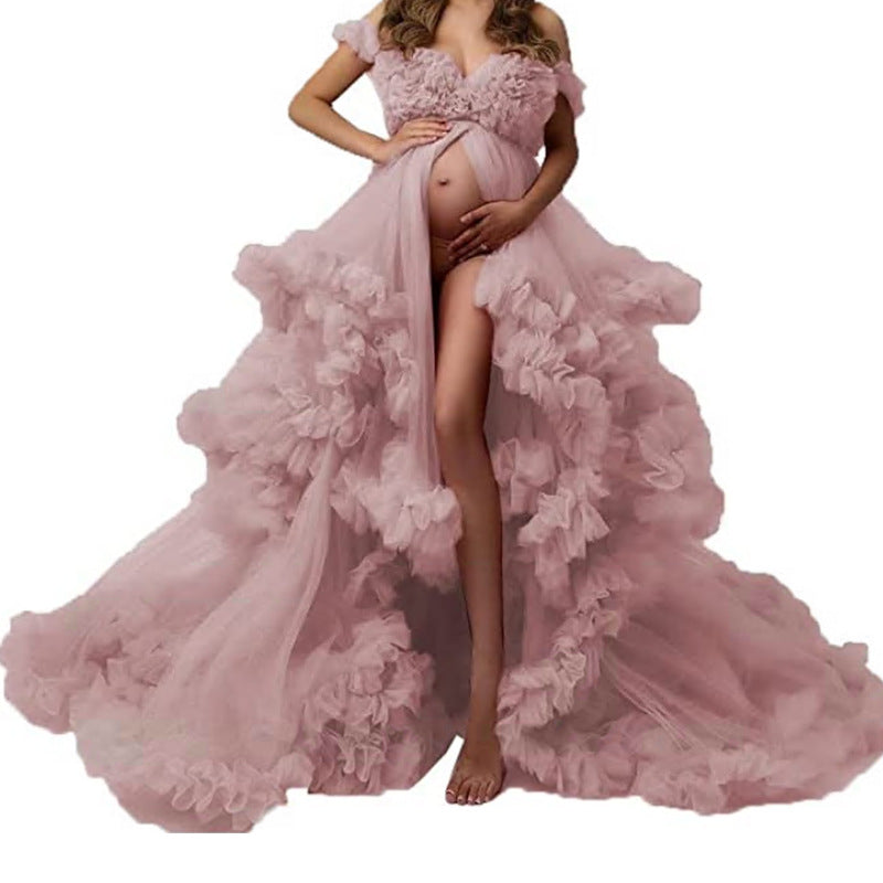 Ladies Gown Perspective Sheer Long Robe Puffy Tulle Robe Sheer for Maternity Photoshoot