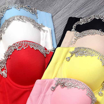 Women's Rhinestone Punk Bustier Crop Top Push Up Party Club Corset Top Bra