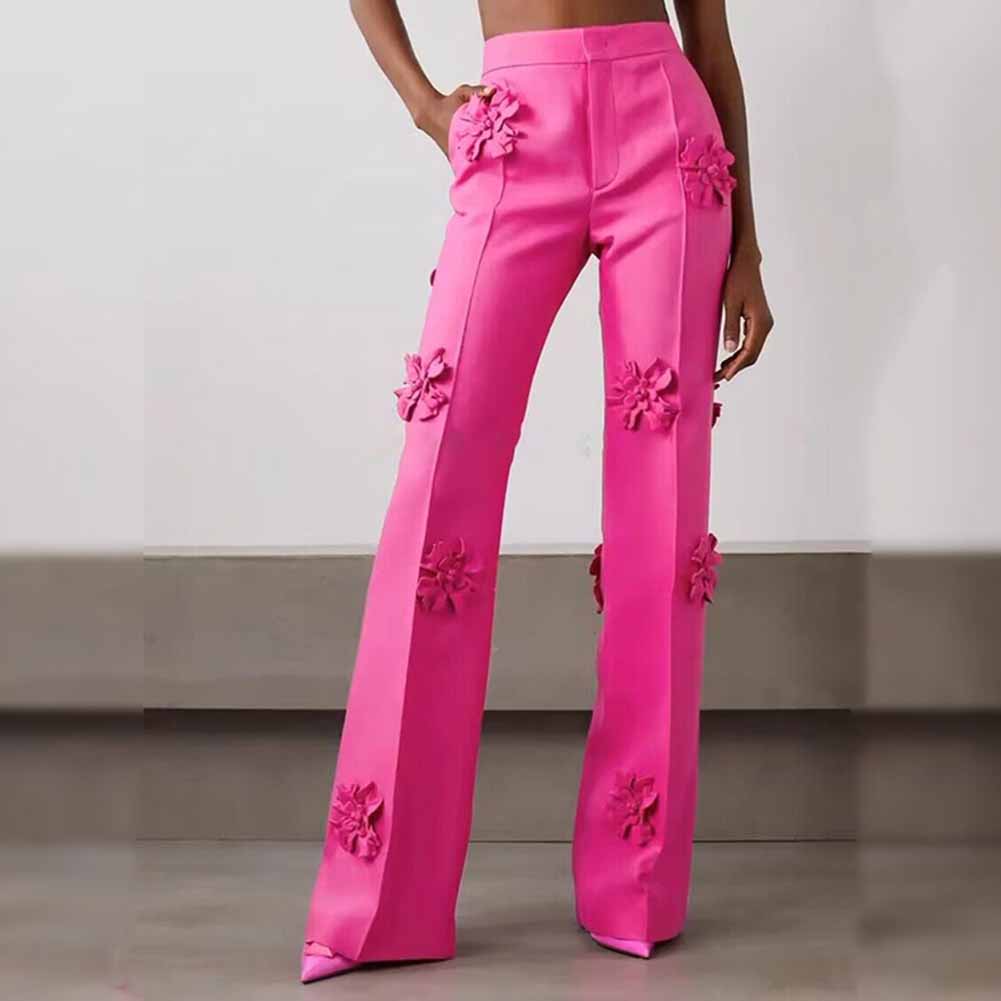 Women Crepe Couture Applique Pants Flared Trousers