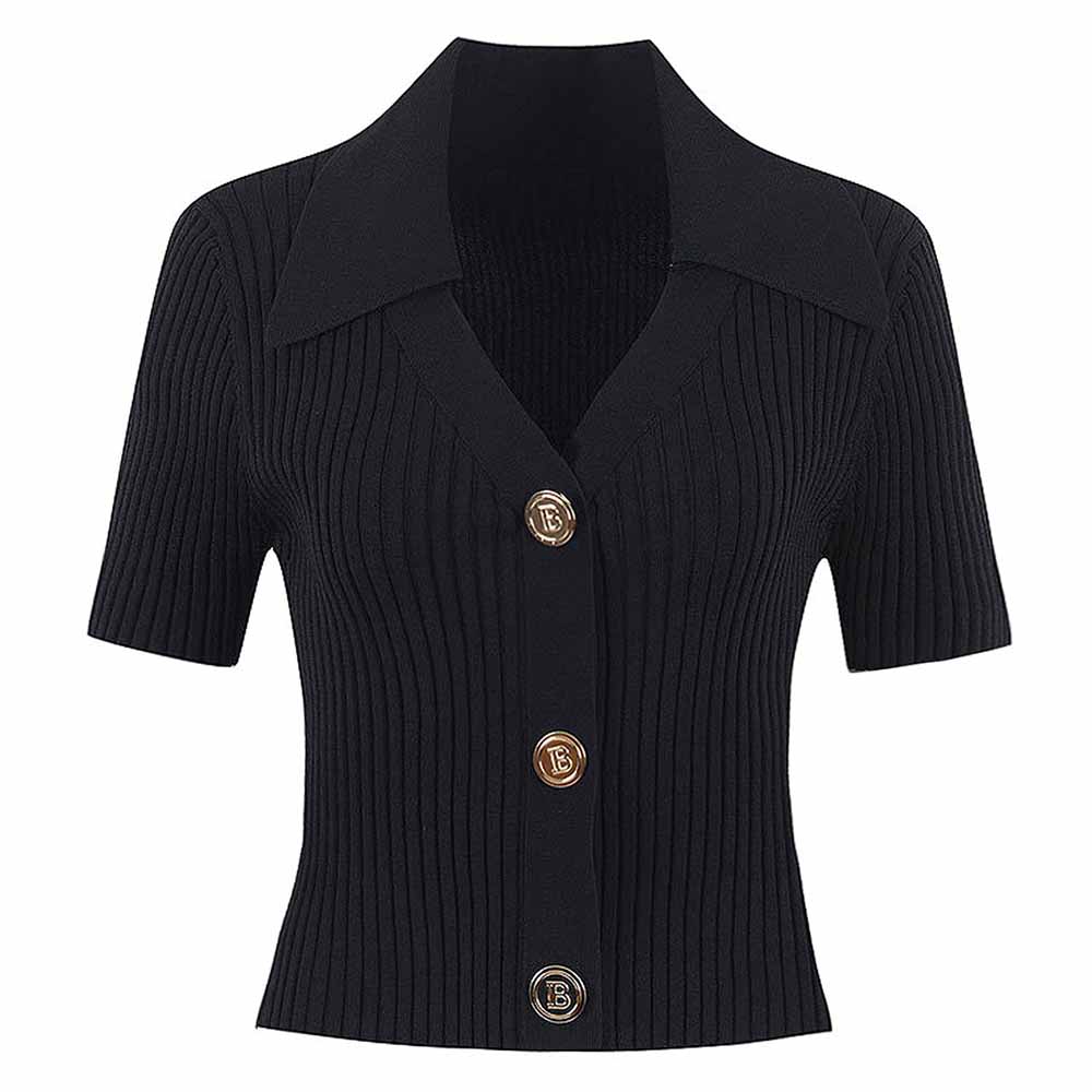 Women Knit Short Sleeves Cropped Top Knitted Cardigan Buttons Black Sweater