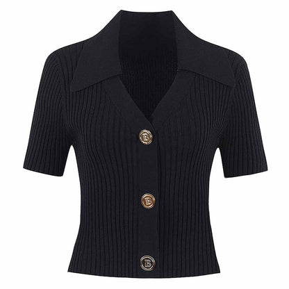 Women Knit Short Sleeves Cropped Top Knitted Cardigan Buttons Black Sweater