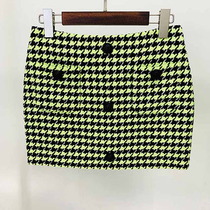 Women Green Houndstooth Wool Skirt Suit