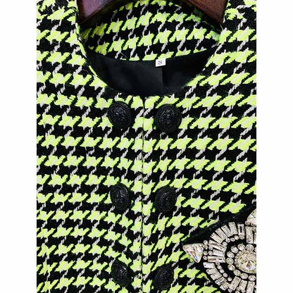 Women Green Houndstooth Wool Skirt Suit