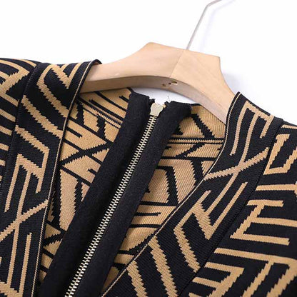 Women's long sleeve knitted minidress Black Yellow striped elegant dress