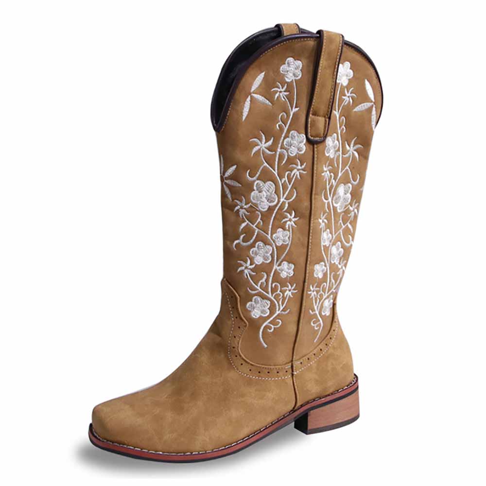 Women's Retro Western Cowboy Boots Embroidered Mid Calf Chunky Boots