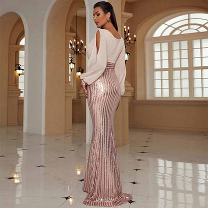 V-Neck Long Sleeve Luxury Fishtail Sequins Evening Dress Prom