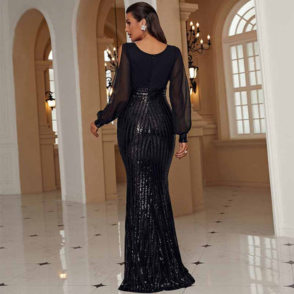 V-Neck Long Sleeve Luxury Fishtail Sequins Evening Dress Prom