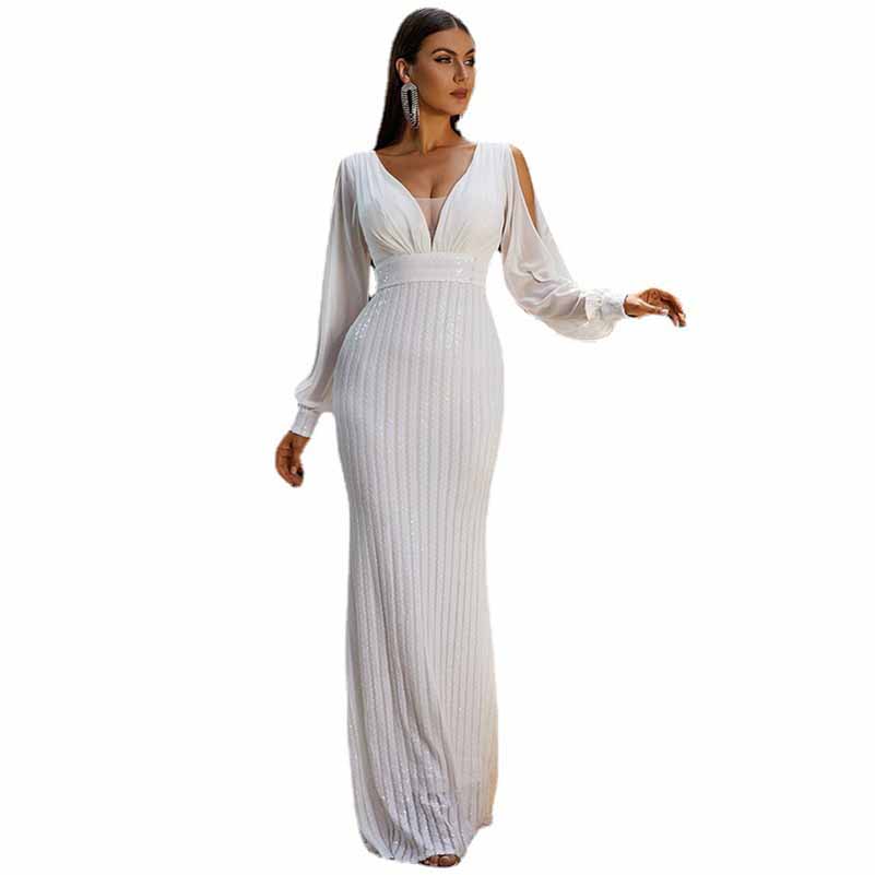 V-Neck Long Sleeve Luxury Fishtail Sequins Evening Dress Prom