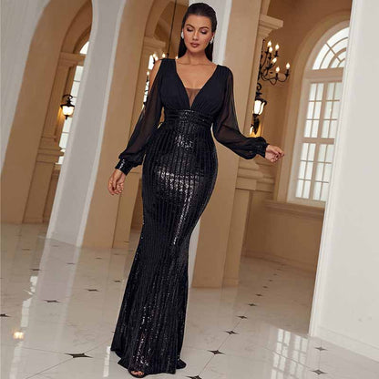 V-Neck Long Sleeve Luxury Fishtail Sequins Evening Dress Prom