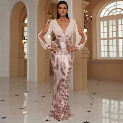 V-Neck Long Sleeve Luxury Fishtail Sequins Evening Dress Prom