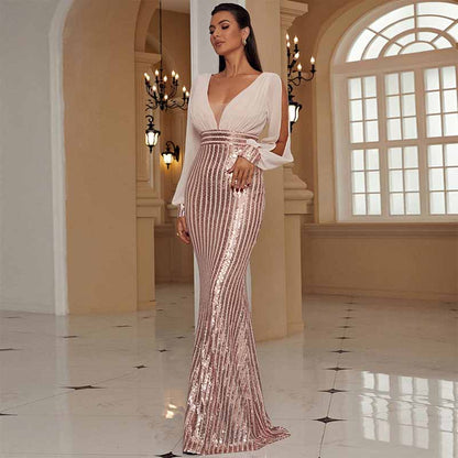 V-Neck Long Sleeve Luxury Fishtail Sequins Evening Dress Prom