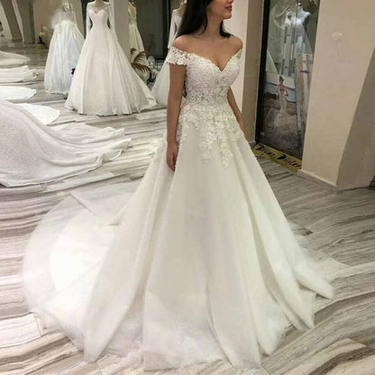 Women's Short Sleeve Lace Wedding Dresses Bridal Gown