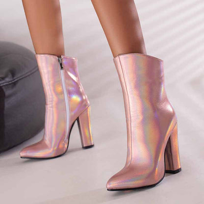 Womens Chunky Boots Zip Up Pointed Toe Ankle Booties