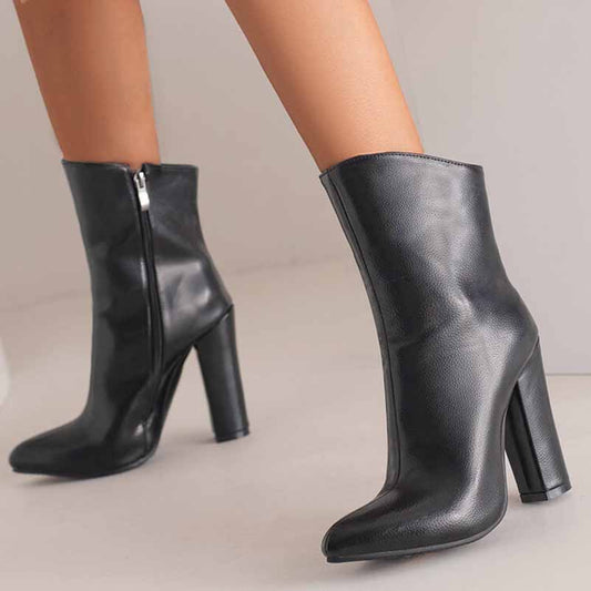 Womens Chunky Boots Zip Up Pointed Toe Ankle Booties