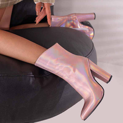 Womens Chunky Boots Zip Up Pointed Toe Ankle Booties