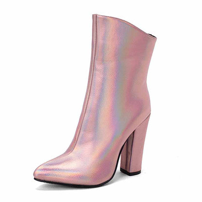 Womens Chunky Boots Zip Up Pointed Toe Ankle Booties