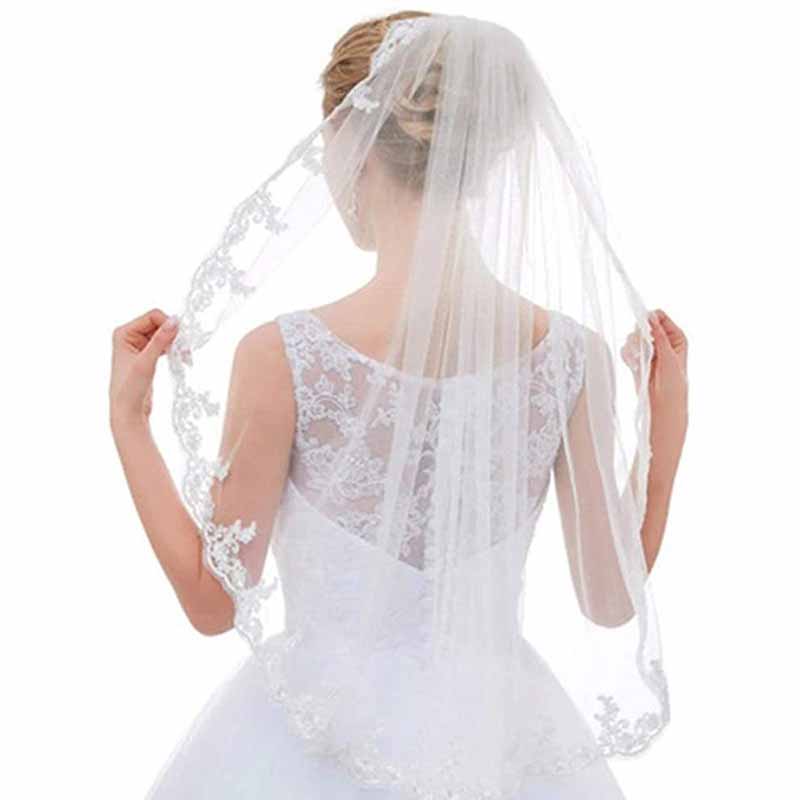 Womens Short Fingertip Length 1 Tier Lace Wedding Bridal Veil