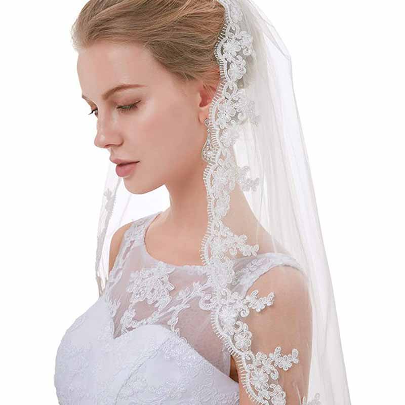 Womens Short Fingertip Length 1 Tier Lace Wedding Bridal Veil