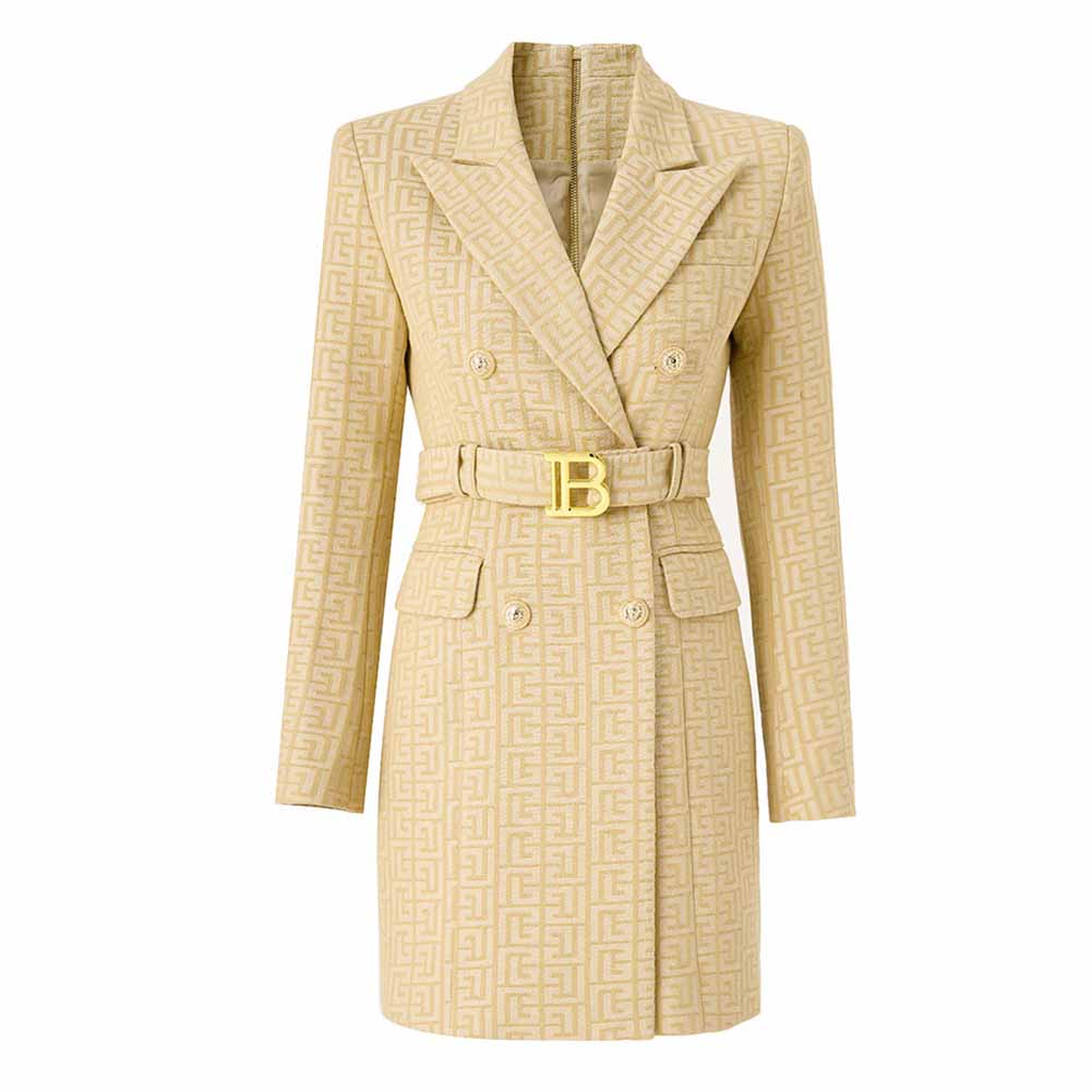 Womens' Double Breasted Blazer Gold Buttons Blazer Dress With Belt