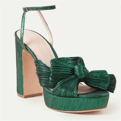 Women's Pleated Bow Knot Platform Heeled Sandals Open Toe Chunky Block Heel Ankle Buckle Strap Bridal Wedding Shoes