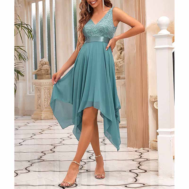 Women Double V Neck Ruched Waist A Line Cocktail Party Dress