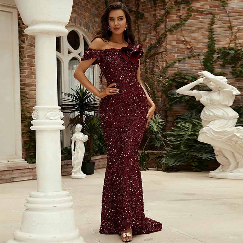 Wine Red Sequin Prom Dress Long Evening Party Dress