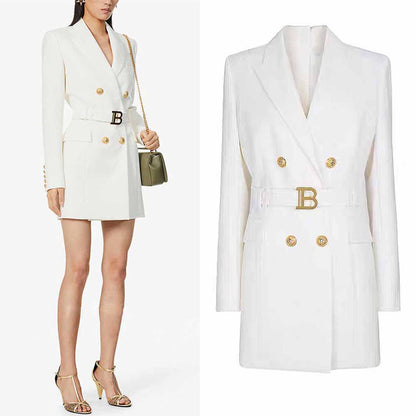 Women double breasted coat dress mid-length blazer dress with belt