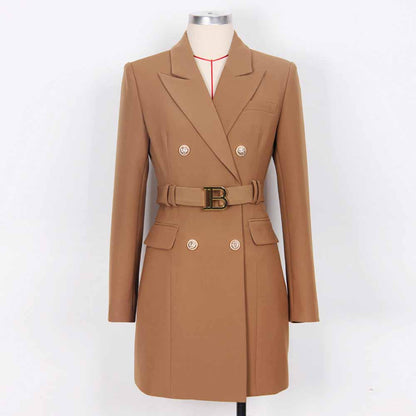 Women double breasted coat dress mid-length blazer dress with belt