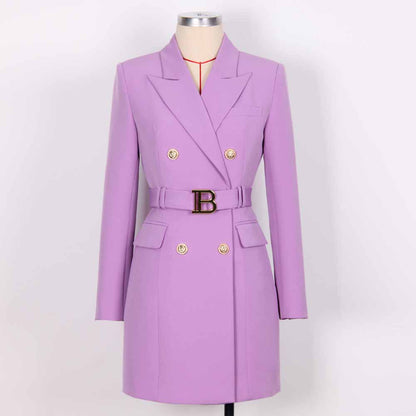 Women double breasted coat dress mid-length blazer dress with belt