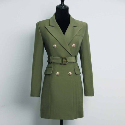 Women double breasted coat dress mid-length blazer dress with belt