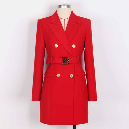 Women double breasted coat dress mid-length blazer dress with belt