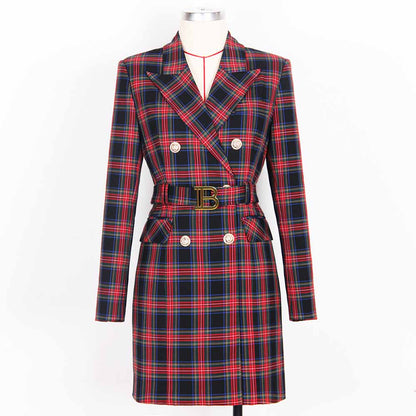Women double breasted coat dress mid-length blazer dress with belt