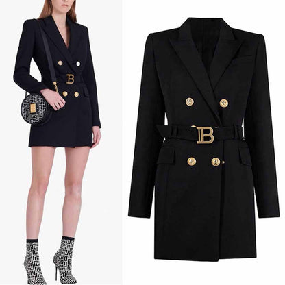 Women double breasted coat dress mid-length blazer dress with belt