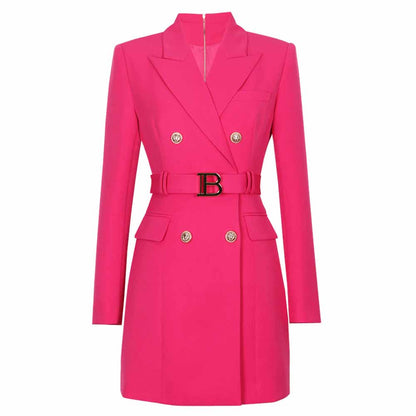 Women double breasted coat dress mid-length blazer dress with belt