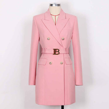 Women double breasted coat dress mid-length blazer dress with belt
