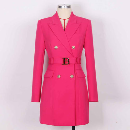 Women double breasted coat dress mid-length blazer dress with belt
