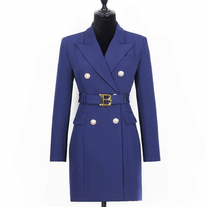 Women double breasted coat dress mid-length blazer dress with belt