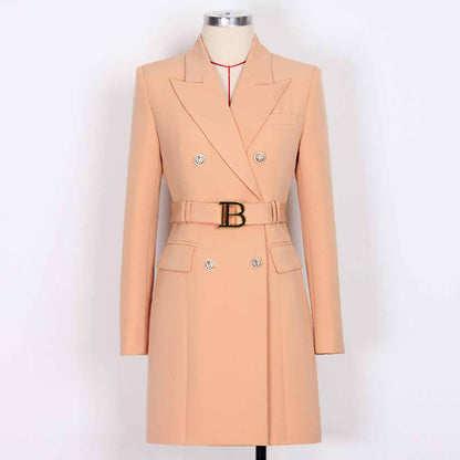 Women double breasted coat dress mid-length blazer dress with belt